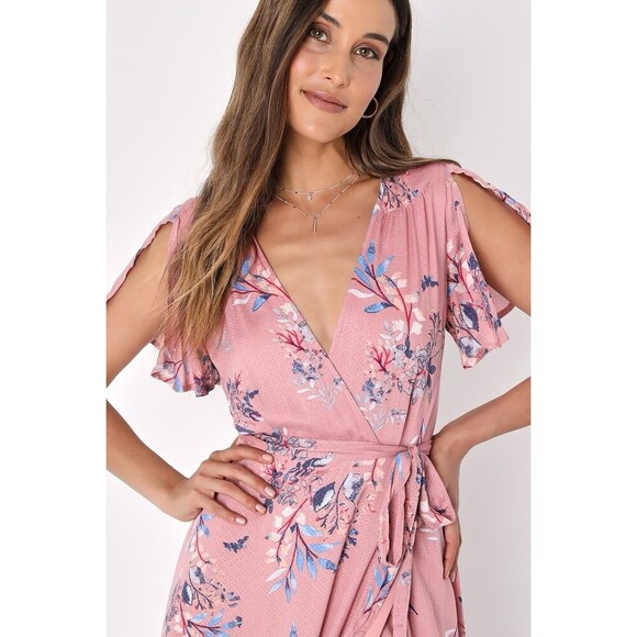 Lulu’s Pink Fiorire Rose Floral Print Faux Wrap Long Maxi Dress Romantic Small - Picture 5 of 11